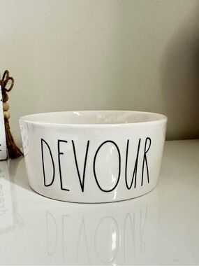 Rae Dunn White 'Devour' Ceramic Pet Bowl 6"